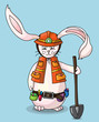 Smiling rabbit with safety helmet, holding a shovel in his hand