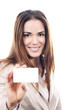 Foto: business woman handing a blank business card business woman handing a blank business card