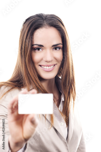 Photo: business woman handing a blank business card business woman handing a blank business card