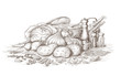 Hand drawn still life of soup ingredients.