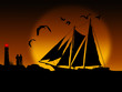 Ancient ship sailing at sunset