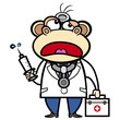 cartoon monkey doctor with first aid kit and syringe