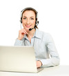 Portrait of  business woman working  with headset and laptop.