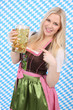 canvas print picture - Junge Frau mit Bierkrug vor Rautenmuster