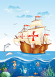 Children's illustration of the water world with a sailing ship