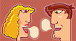 woman and man faces with bubbles for text.Vector portraits illus