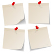 Ilustração vetorial : 4 Beige Stick Notes Red Pins 4 Beige Stick Notes Red Pins