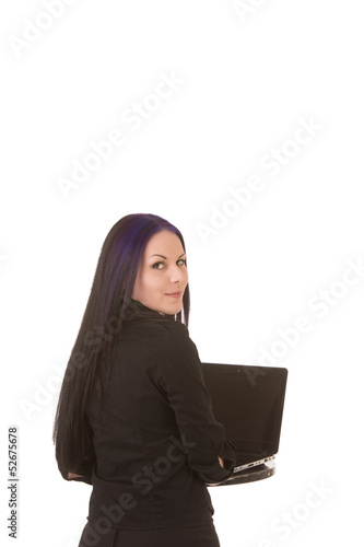 Photo: Business woman behind notebook, back to camera Business woman behind notebook, back to camera