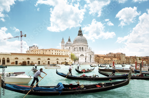 Photo: gondolas on Canal and Basilica Santa Maria della Salute, Venice, gondolas on Canal and Basilica Santa Maria della Salute, Venice,