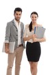 Happy businesspeople with files and laptop