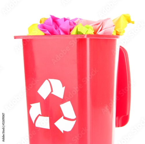 Photo: Recycling bin with papers isolated on white Recycling bin with papers isolated on white