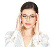 Portrait of an young woman in glasses with headache