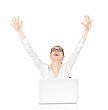 Successful business woman raised hands up
