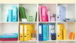 White office shelves with different stationery, close up