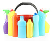 Colorful plastic detergent bottles with bucket, isolated