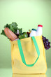 Eco bag with shopping on green background