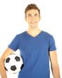 Young soccer player holding ball, isolated on white