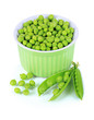 Sweet green peas in bowl isolated on white