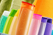 Plastic bottles of body care and beauty products