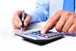 Hand with calculator.