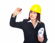 Engineer woman writing on white backgorund.