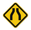 Road narrows traffic sign on white background with clipping path