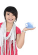 beautiful girl carrying a blue cup, isolated on white