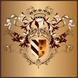 Heraldic element with armor, banner, crown and ribbons in royal