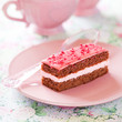 Piece of chocolate raspberry cake, selective focus