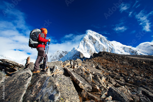 Photo: Hiking in Khumbu walley in Himalayas mountains Hiking in Khumbu walley in Himalayas mountains