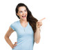 Beautiful happy woman pointing.