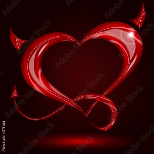 Illustration: red heart with tail and horns on black background red heart with tail and horns on black background