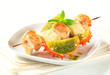 Chicken and aubergine skewer with pesto and horned melon