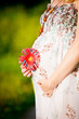 Pregnant woman holding her belly and flower