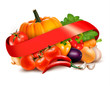 Vector: Background with fresh vegetables and red ribbon. Vector. Background with fresh vegetables and red ribbon. Vector.
