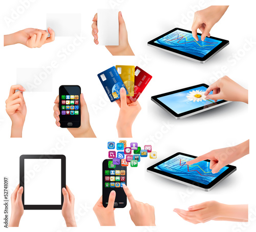 Vector: Set of hands holding different business objects. Vector illustra Set of hands holding different business objects. Vector illustra