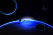 planet with rings at sunrise on the background of the cosmos