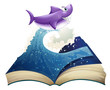 A book with an image of a wave and a shark