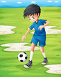 A boy sweating while playing football