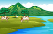 Vektor: Cows and goat at the riverbank Cows and goat at the riverbank