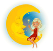 A fairy with a red dress beside the sleeping moon