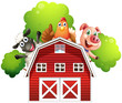 A barn with animals at the rooftop
