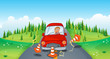 Vector: A red car at the road bumping the traffic cones A red car at the road bumping the traffic cones