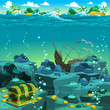 Vector: Seascape with treasure and galleon. Seascape with treasure and galleon.