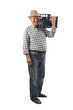 a worker carries a plastic box