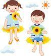 向日葵に乗って飛ぶ子ども