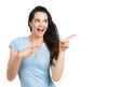 Attractive happy woman pointing.