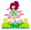 A little fairy with wings on her back sitting on a flower.