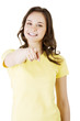 Young beautiful caucasian woman pointing on you