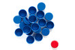 Group of blue plastic caps and one red